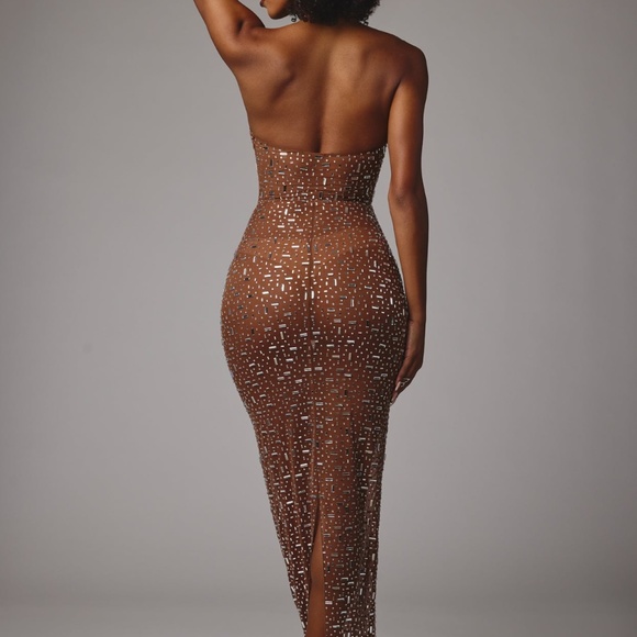 Oh Polly Sheer Embellished High Neck Evening Gown in Mocha 4 - Picture 2 of 3